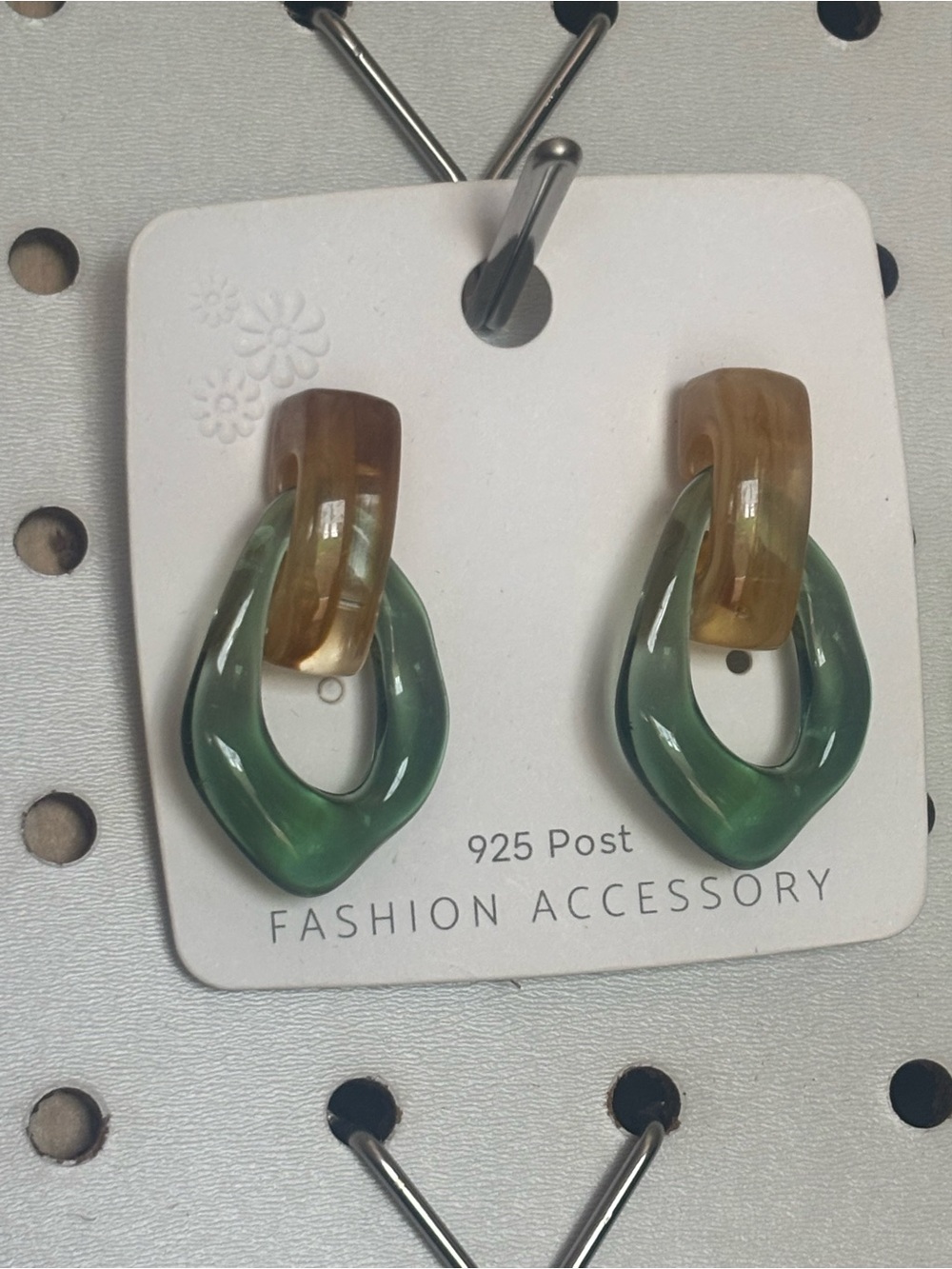 Green and Amber Resin Drop Earrings - 925 Post